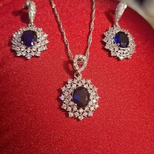 Vintage Lab Created Sapphire Blue Halo CZ Cluster Princess Necklace Earrings